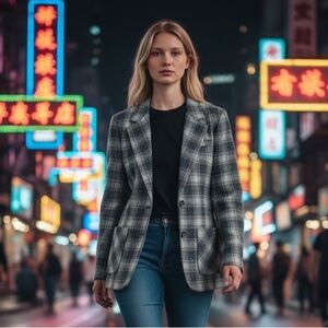 Pendleton Vintage Grey Plaid Wool Blazer Jacket Made in USA Size 14